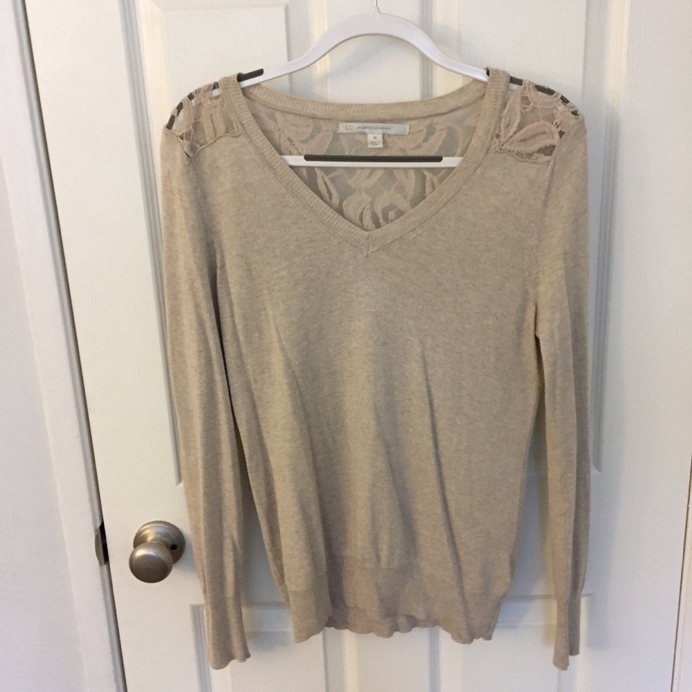 tan sweater with lace back